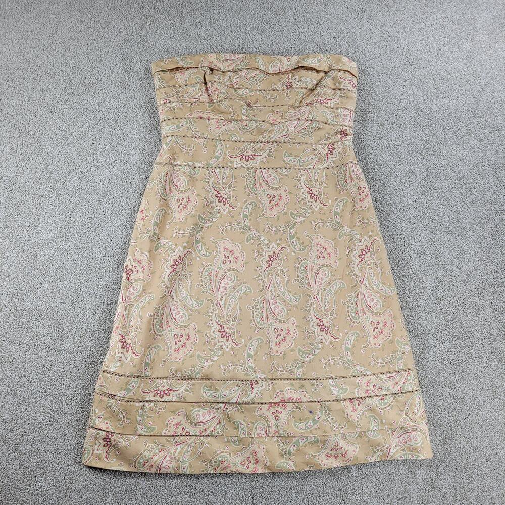 Kay Unger Womens Dress 8 Tan Satin Eyelet Strapless Paisley Print Side Zip Mini